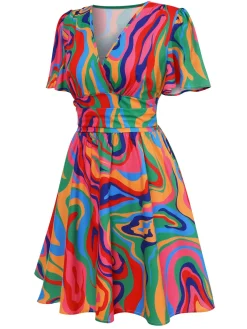 Sale Retro Stage 1970s Psychedelic Print V-Neck Dress Multicolor