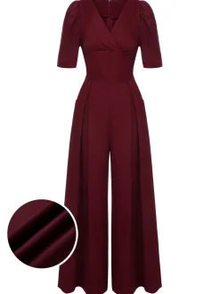 Outlet Retro Stage 1930s Puff Short Sleeve Wide Leg Jumpsuit