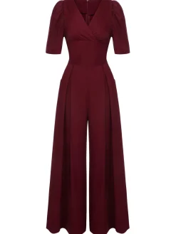 Outlet Retro Stage 1930s Puff Short Sleeve Wide Leg Jumpsuit