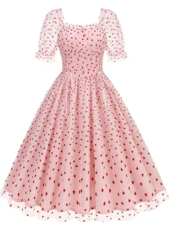 Online Retro Stage 1950s Puff Sleeve Valentine Heart Mesh Dress