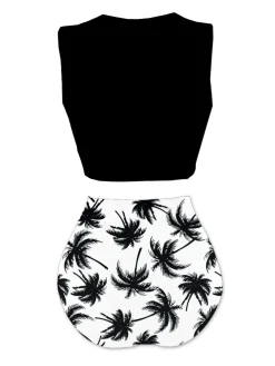 Discount Retro Stage 1980s Punk Waist Tie Skeleton Beach Print Bikini Set Black