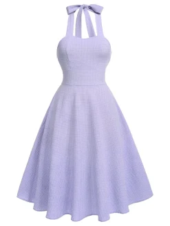 Discount Retro Stage 1950s Halter Swing Vintage Dress Purple