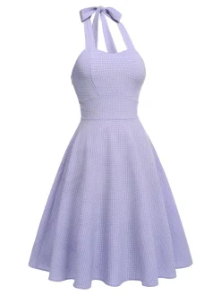 Discount Retro Stage 1950s Halter Swing Vintage Dress Purple