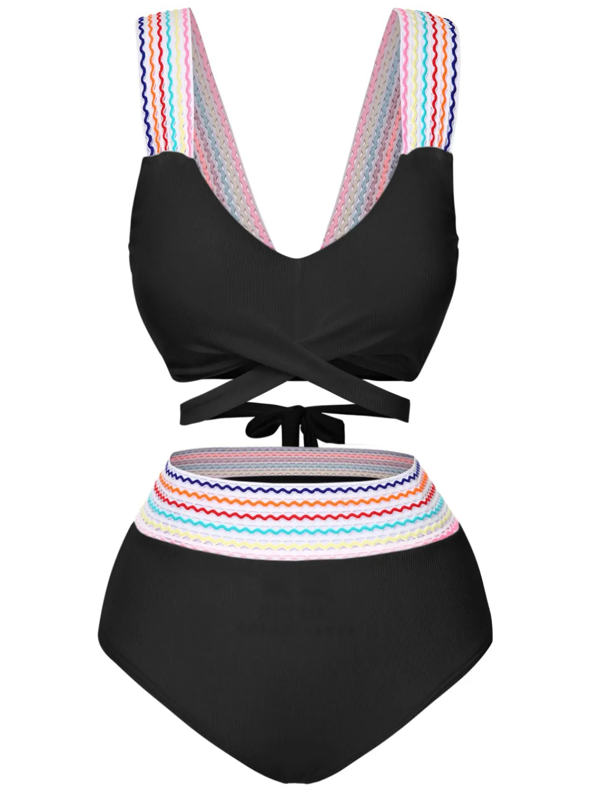 Clearance Retro Stage 1940s Rainbow Lace-Up Patchwork Strap Bikini Set