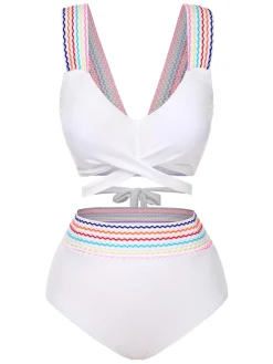 Clearance Retro Stage 1940s Rainbow Lace-Up Patchwork Strap Bikini Set