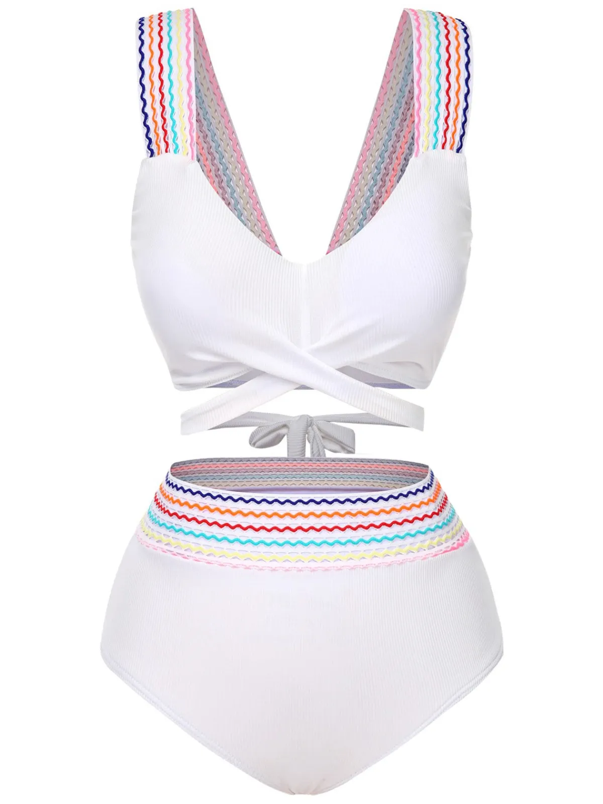 Clearance Retro Stage 1940s Rainbow Lace-Up Patchwork Strap Bikini Set