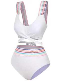Clearance Retro Stage 1940s Rainbow Lace-Up Patchwork Strap Bikini Set