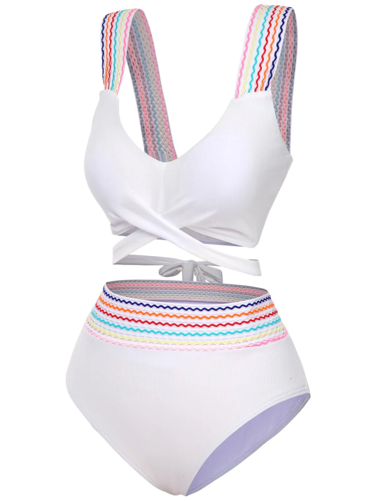 Clearance Retro Stage 1940s Rainbow Lace-Up Patchwork Strap Bikini Set