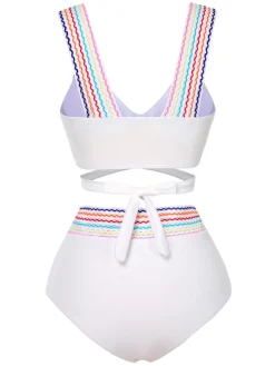 Clearance Retro Stage 1940s Rainbow Lace-Up Patchwork Strap Bikini Set