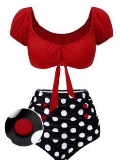 Best Retro Stage 1950s Polka Dot Halter Swimsuit Red & Black