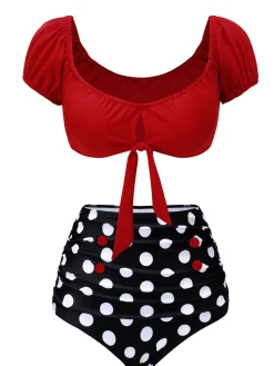 Best Retro Stage 1950s Polka Dot Halter Swimsuit Red & Black