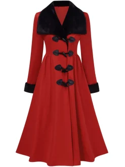Discount Retro Stage 1950s Red And Black Fur Collar Coat