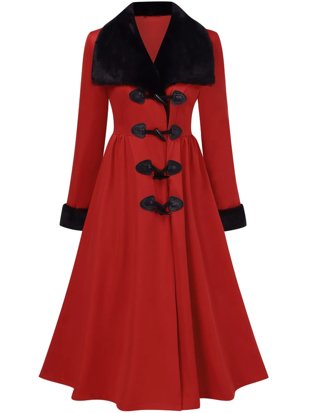 Discount Retro Stage 1950s Red And Black Fur Collar Coat