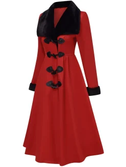 Discount Retro Stage 1950s Red And Black Fur Collar Coat