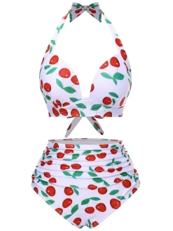 Fashion Retro Stage 1930s Red Cherry Ruched Halter Bikini Set