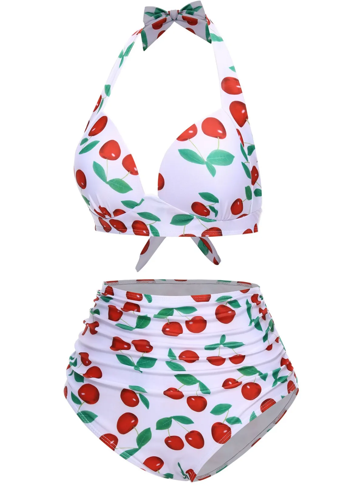 Fashion Retro Stage 1930s Red Cherry Ruched Halter Bikini Set