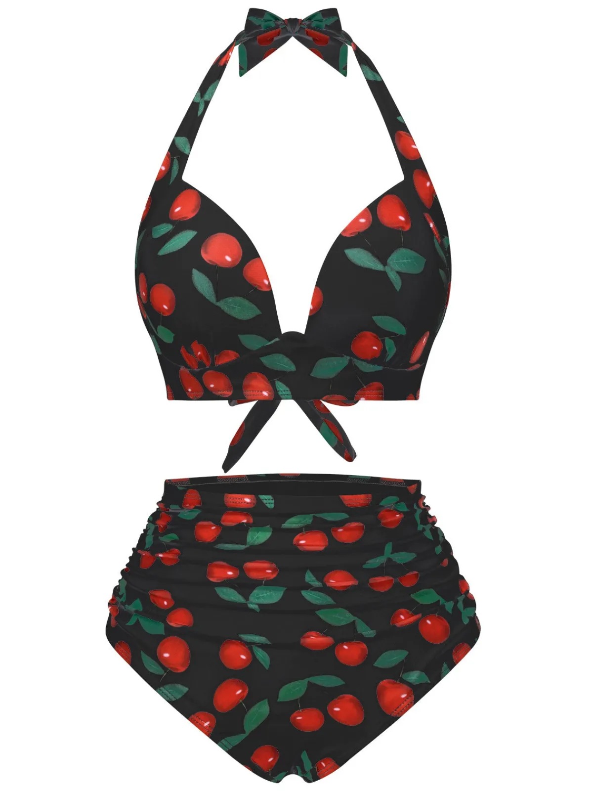 Fashion Retro Stage 1930s Red Cherry Ruched Halter Bikini Set