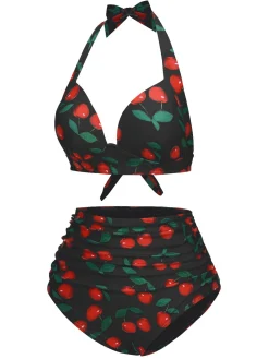 Fashion Retro Stage 1930s Red Cherry Ruched Halter Bikini Set