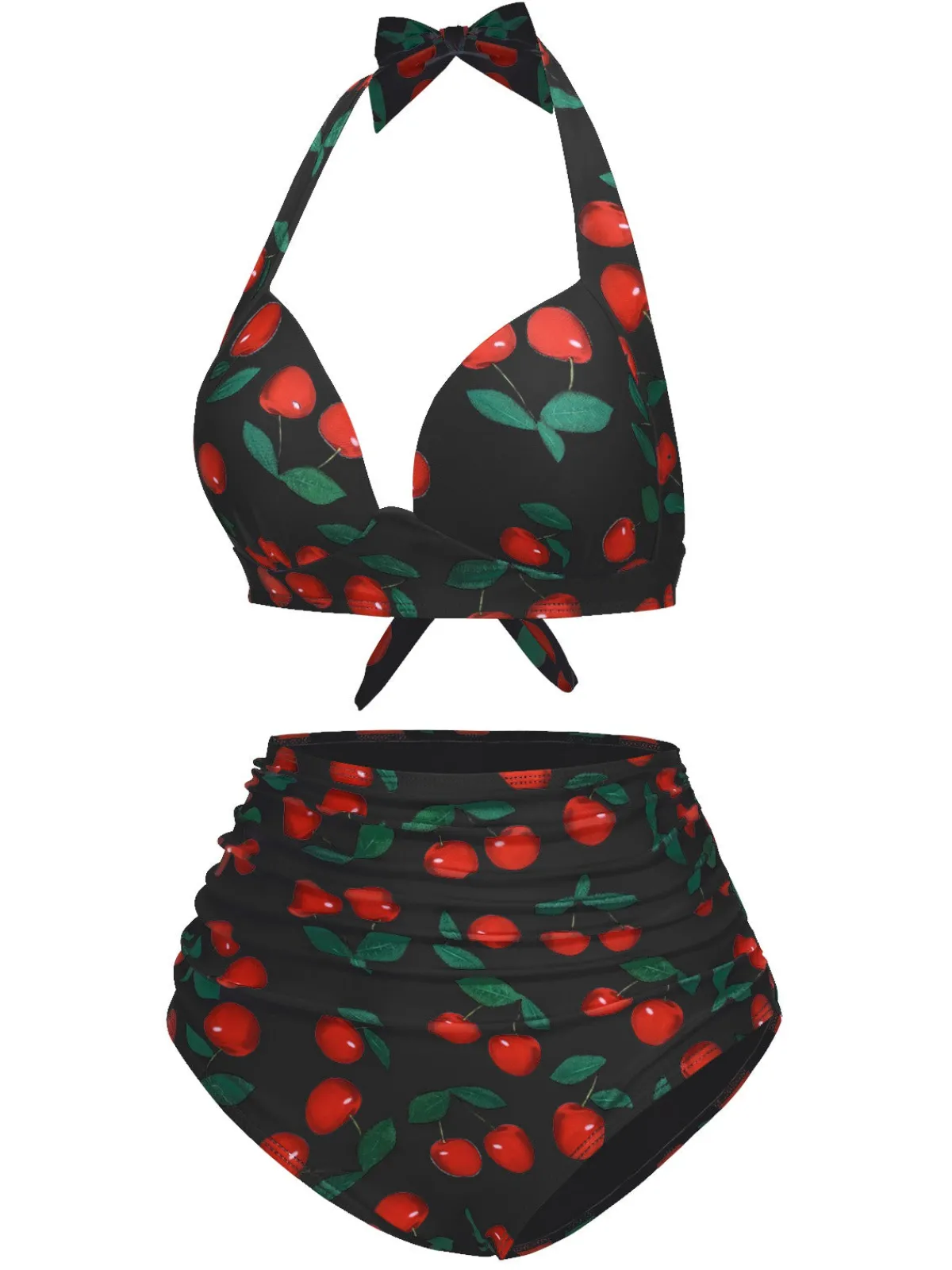 Fashion Retro Stage 1930s Red Cherry Ruched Halter Bikini Set