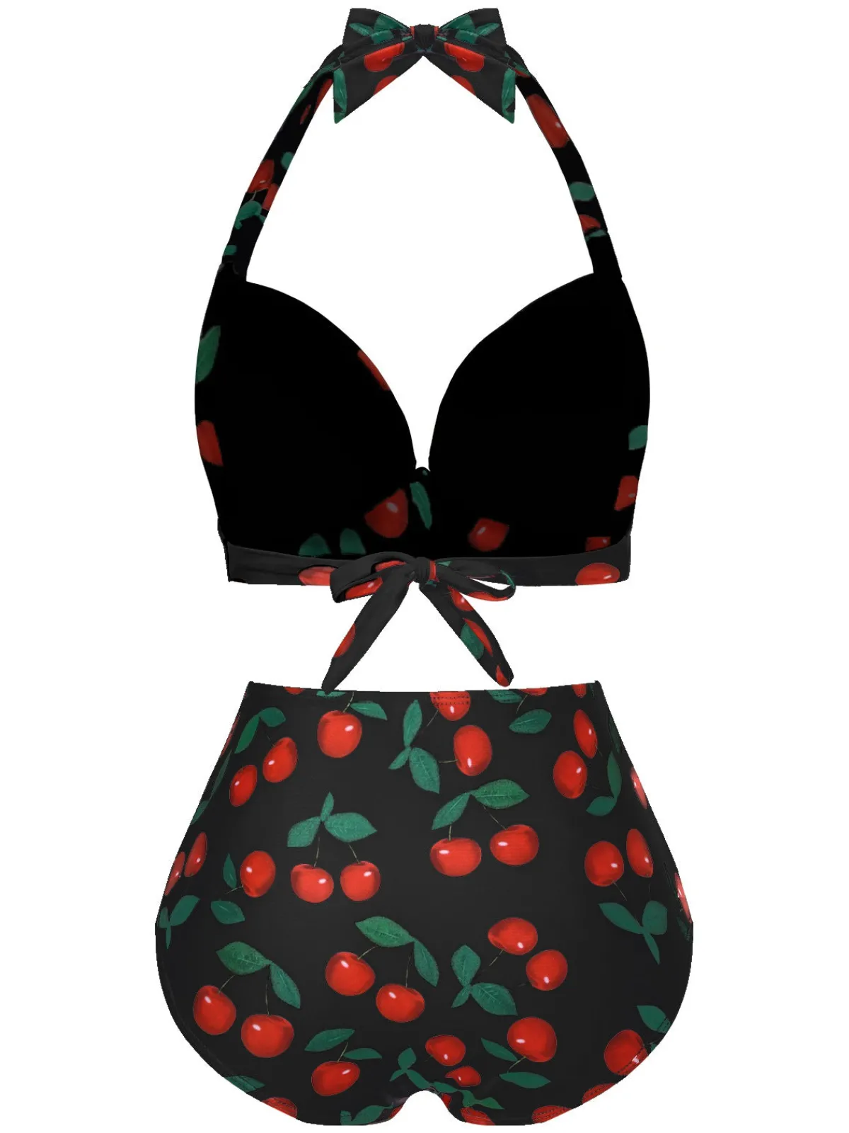 Fashion Retro Stage 1930s Red Cherry Ruched Halter Bikini Set