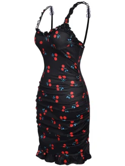 Online Retro Stage 1960s Red Cherry Ruffled Hem Straps Nightgown