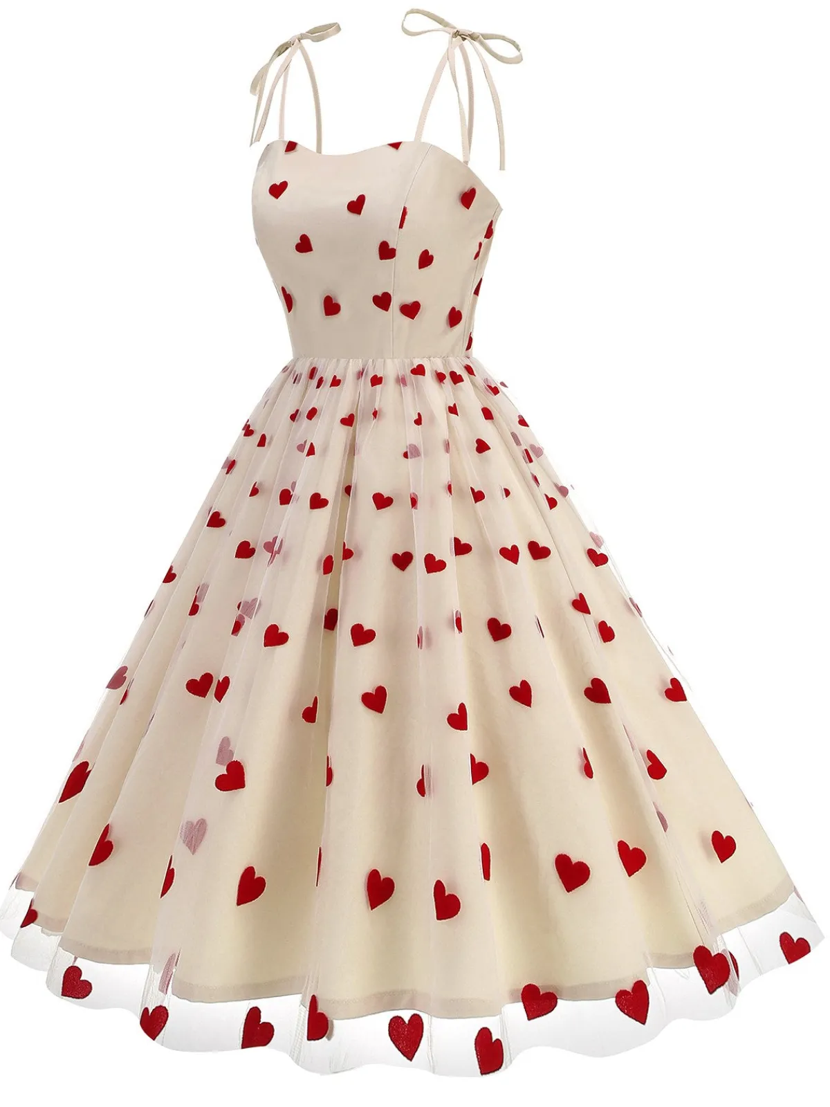 Discount Retro Stage 1950s Red Heart Mesh Patchwork Suspender Dress