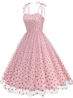 Discount Retro Stage 1950s Red Heart Mesh Patchwork Suspender Dress
