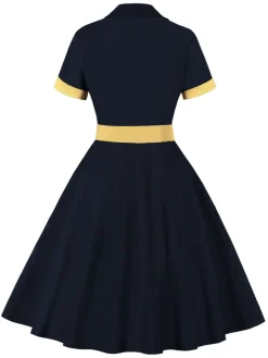Clearance Retro Stage 1950s Retro Contrast Short-Sleeved Lapel Dress