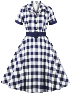 Best Retro Stage 1950s Retro Contrast Short-Sleeved Lapel Dress