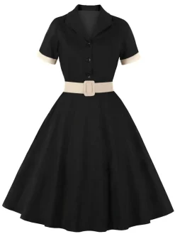 Best Retro Stage 1950s Retro Contrast Short-Sleeved Lapel Dress