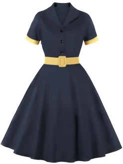 Sale Retro Stage 1950s Retro Contrast Short-Sleeved Lapel Dress