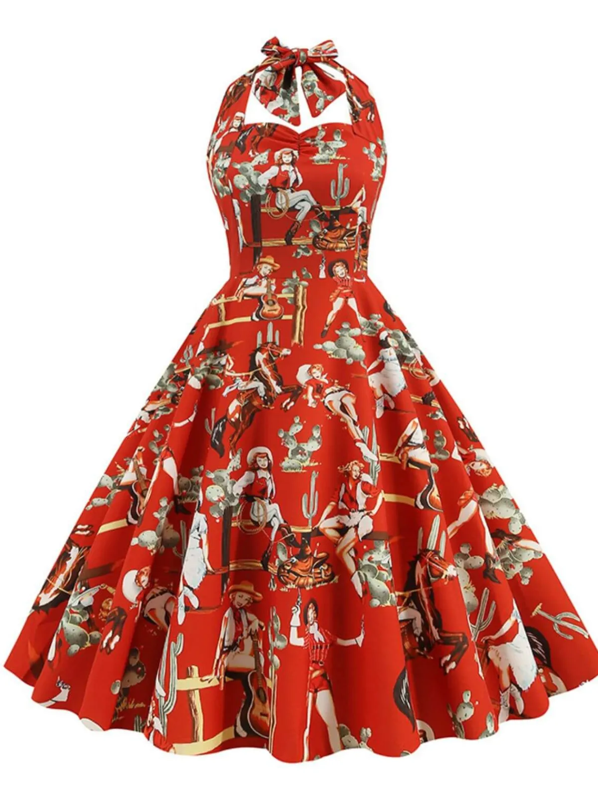 Discount Retro Stage 1950s Retro Pictorial Halter Swing Dress