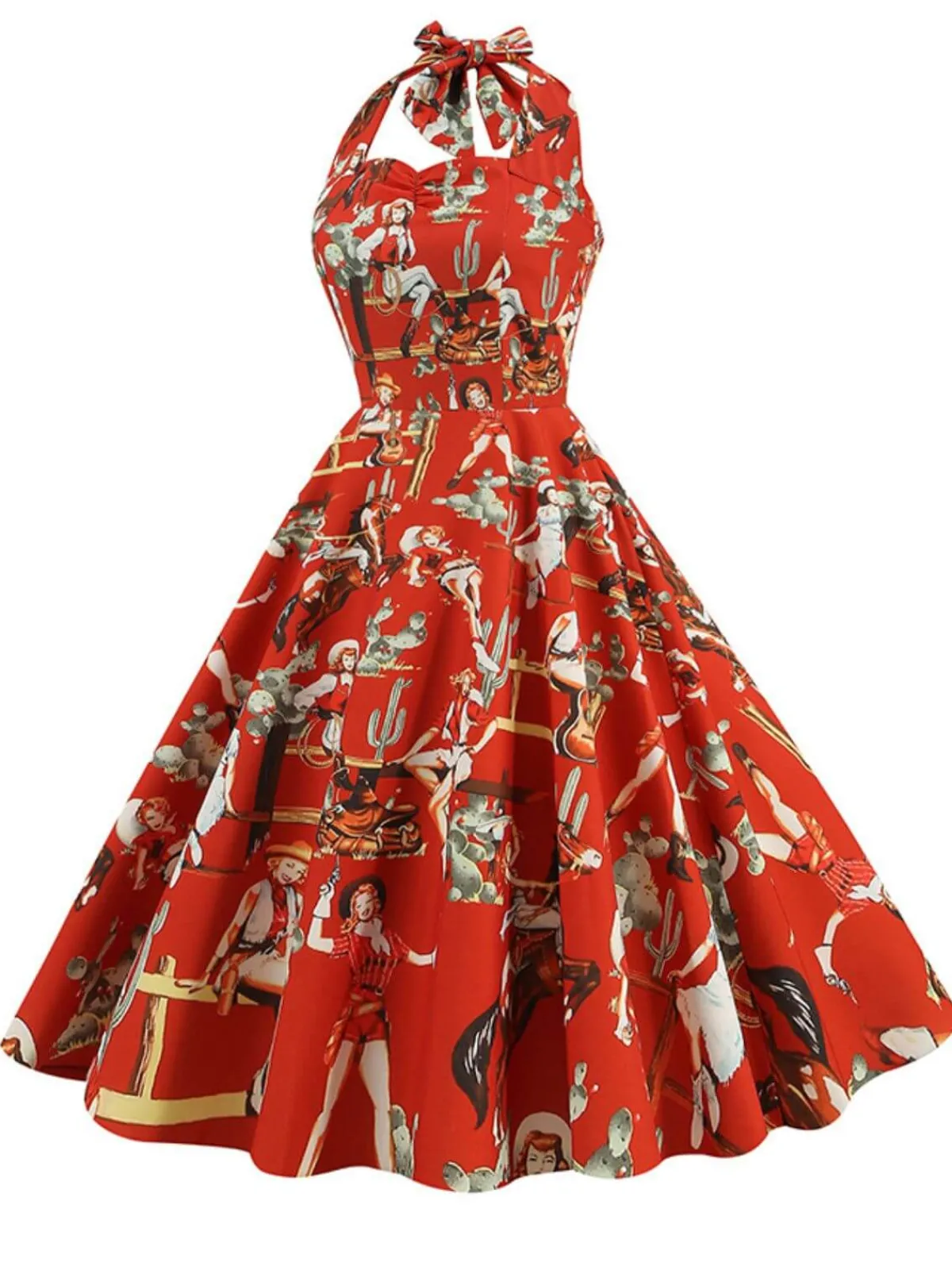 Discount Retro Stage 1950s Retro Pictorial Halter Swing Dress