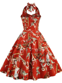 Discount Retro Stage 1950s Retro Pictorial Halter Swing Dress