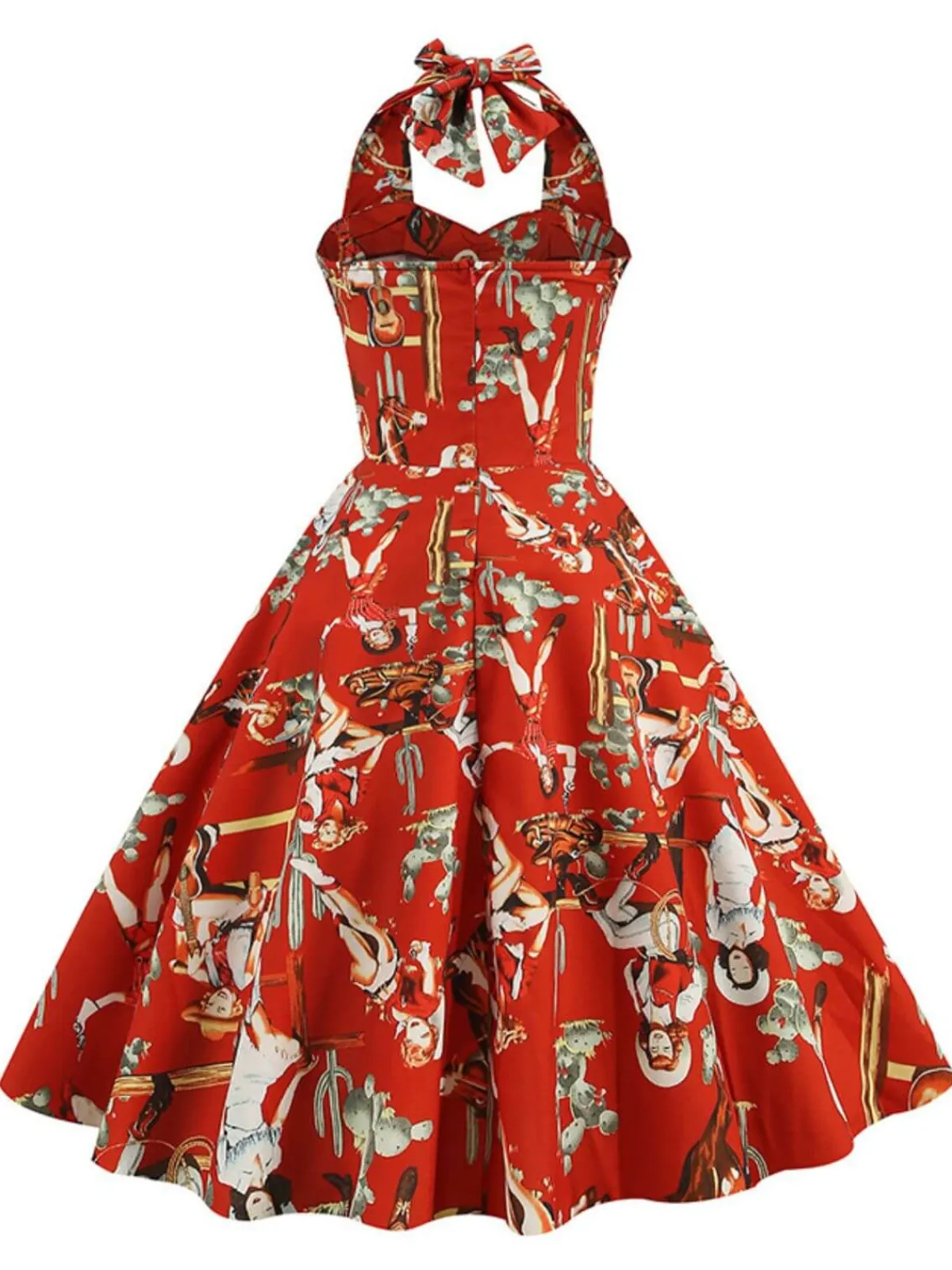 Discount Retro Stage 1950s Retro Pictorial Halter Swing Dress