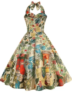 Discount Retro Stage 1950s Retro Pictorial Halter Swing Dress