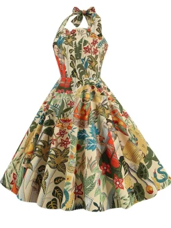 Discount Retro Stage 1950s Retro Pictorial Halter Swing Dress