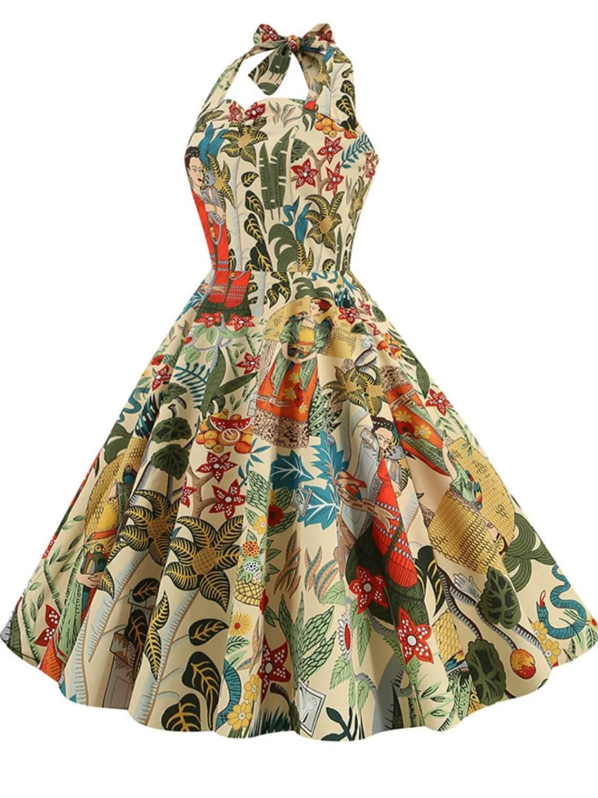 Discount Retro Stage 1950s Retro Pictorial Halter Swing Dress