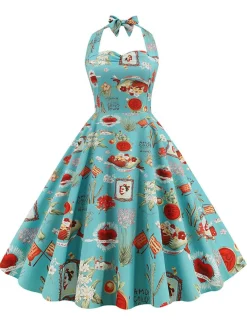 Discount Retro Stage 1950s Retro Pictorial Halter Swing Dress
