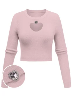 Online Retro Stage 1960s Rhinestones Heart Cutout Knitted Solid Sweater