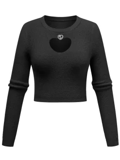 Online Retro Stage 1960s Rhinestones Heart Cutout Knitted Solid Sweater