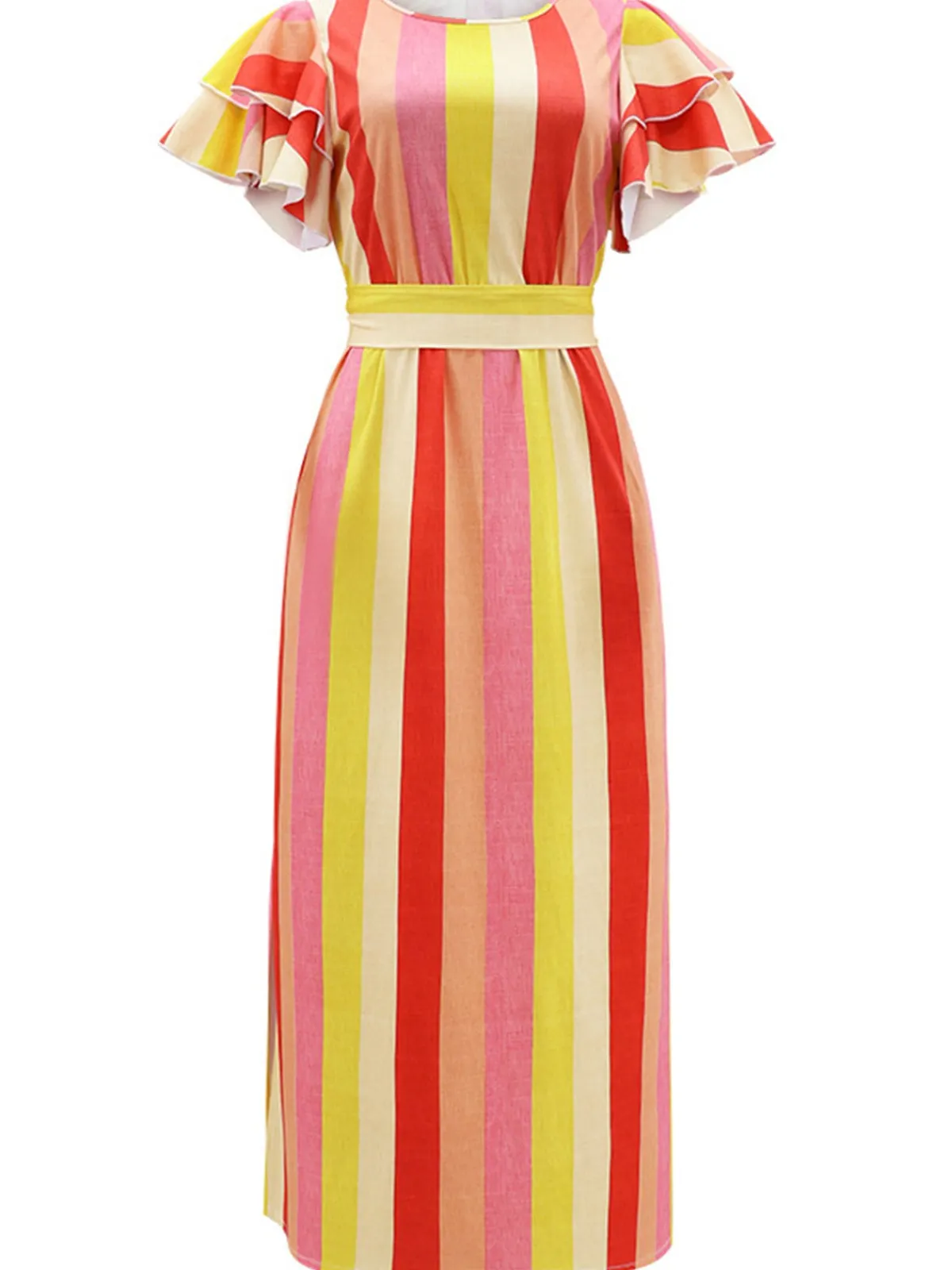 Online Retro Stage 1970s Roman Stripes Ruffle Sleeve Dress