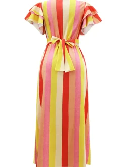 Online Retro Stage 1970s Roman Stripes Ruffle Sleeve Dress