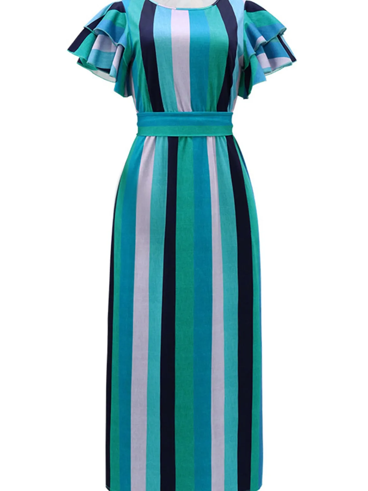 Online Retro Stage 1970s Roman Stripes Ruffle Sleeve Dress