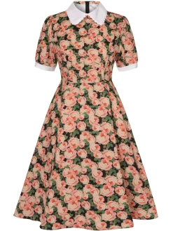 Sale Retro Stage 1950s Rose Lapel Puff Swing Dress Red