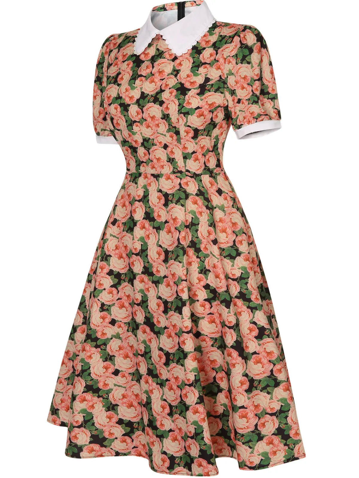 Sale Retro Stage 1950s Rose Lapel Puff Swing Dress Red