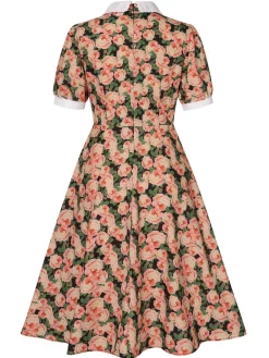 Sale Retro Stage 1950s Rose Lapel Puff Swing Dress Red