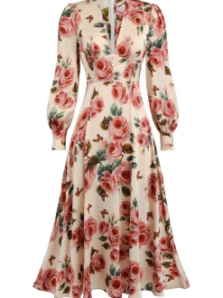 Sale Retro Stage 1940s Rose V-Neck Long Sleeves Dress Pink