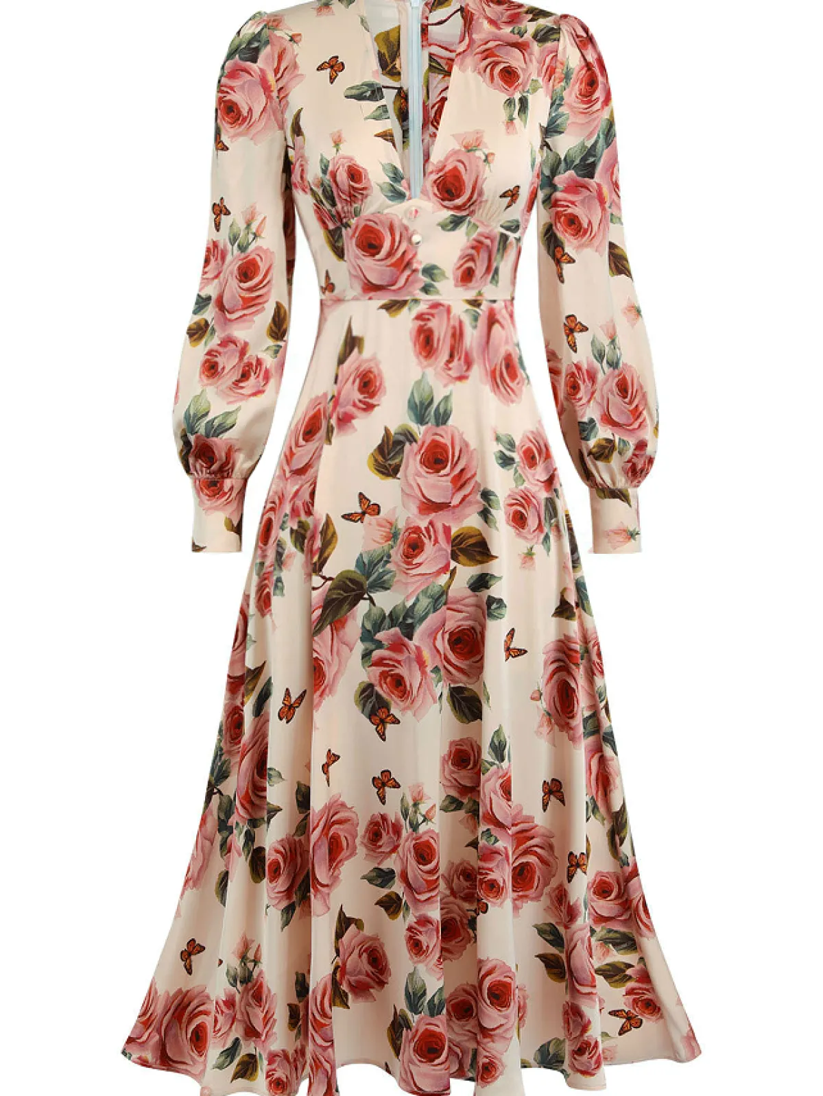 Sale Retro Stage 1940s Rose V-Neck Long Sleeves Dress Pink