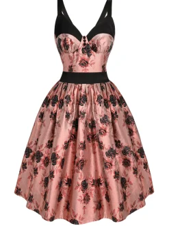 Best Retro Stage 1950s Roses Embossed Satin Swing Dress Pink